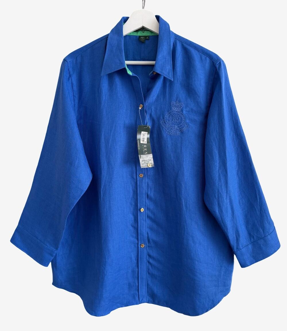 Lauren Ralph Lauren Blue Linen Button Shirt XL Embroidered Logo Preppy Coastal